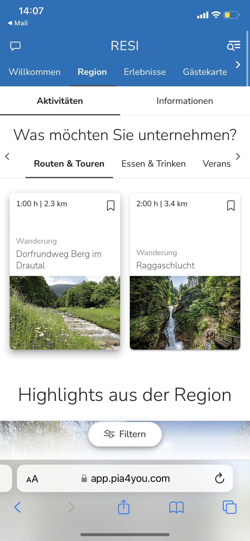 Resi App — Region & Aktivitäten